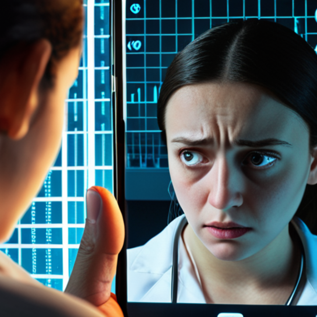**Prompt:** A concerned person looking at a smartphone displaying their health data, with shadows looming in the background representing data breaches and privacy concerns. The scene is set in a modern, sterile environment to emphasize the technological aspect, but with a worried expression on the person's face.