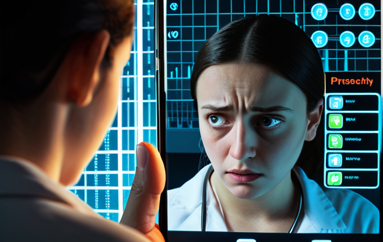 **Prompt:** A concerned person looking at a smartphone displaying their health data, with shadows looming in the background representing data breaches and privacy concerns. The scene is set in a modern, sterile environment to emphasize the technological aspect, but with a worried expression on the person's face.